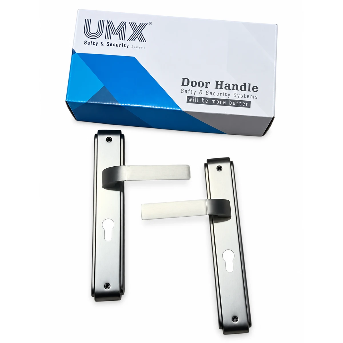 Paire de poignées de porte bicolores argent et noir sur plaque longue – UMX-1 Paire de poignées de porte bicolores argent et noir sur plaque longue – UMX – Image 1