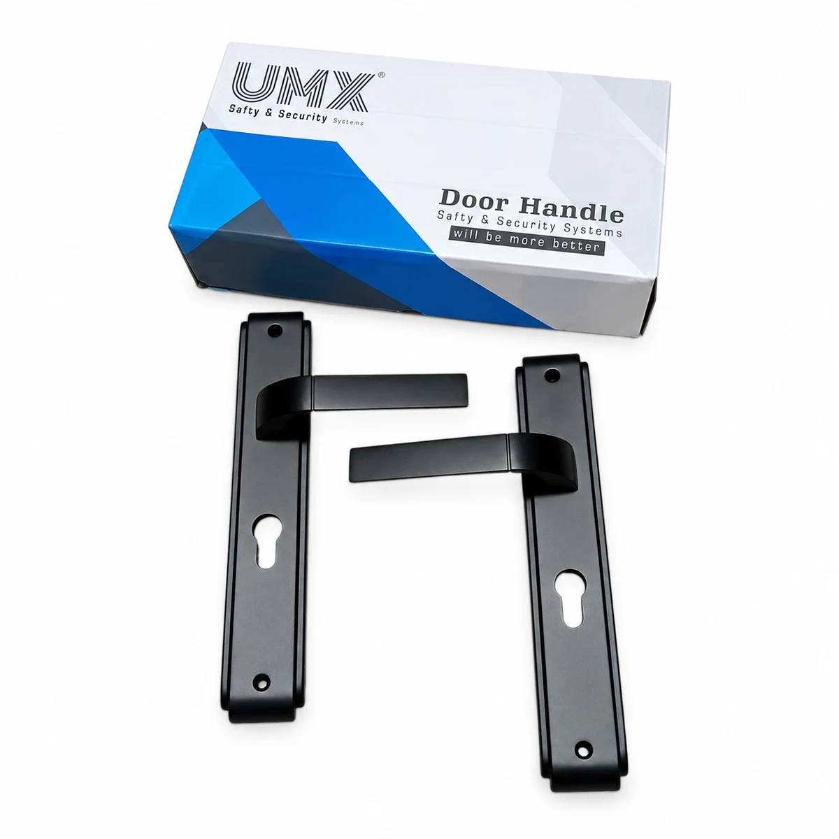 Paire de poignées de porte noires sur plaque longue avec entrée de cylindre – UMX Paire de poignées de porte noires sur plaque longue avec entrée de cylindre – UMX – Image 1