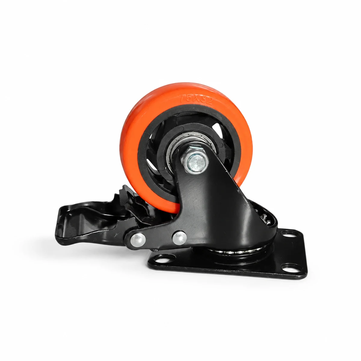 Roulette pivotante orange Ø75 × 32 mm avec frein sur platine-1 Roulette pivotante orange Ø75 × 32 mm avec frein sur platine – Image 1